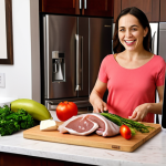 A modern kitchen scene. A smiling woman excitedly unboxes a beautifully packaged delivery box, revealing fresh, high-quality regional specialty ingredients like premium seafood or cuts of meat. On the counter, a laptop or tablet displays an online marketplace website featuring vibrant images of various regional foods. A delicious, authentic dish prepared with these ingredients is artfully arranged on a cutting board or plate nearby, representing a successful "culinary journey at home." The atmosphere is bright, warm, and inviting, emphasizing convenience and gourmet home cooking.